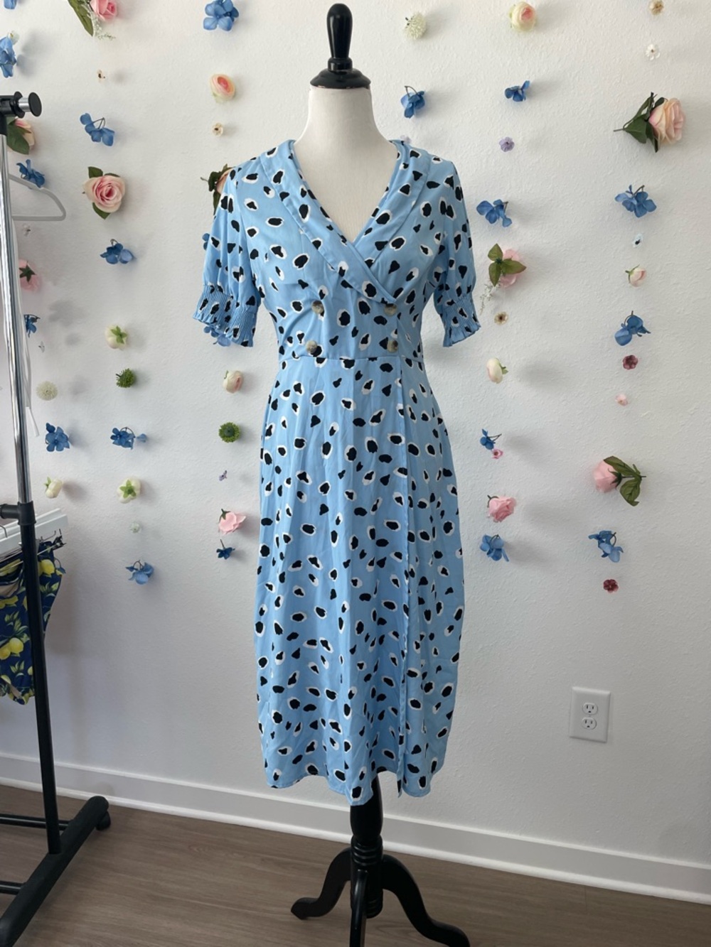 Light Blue Polka Dot Wrap Midi Dress